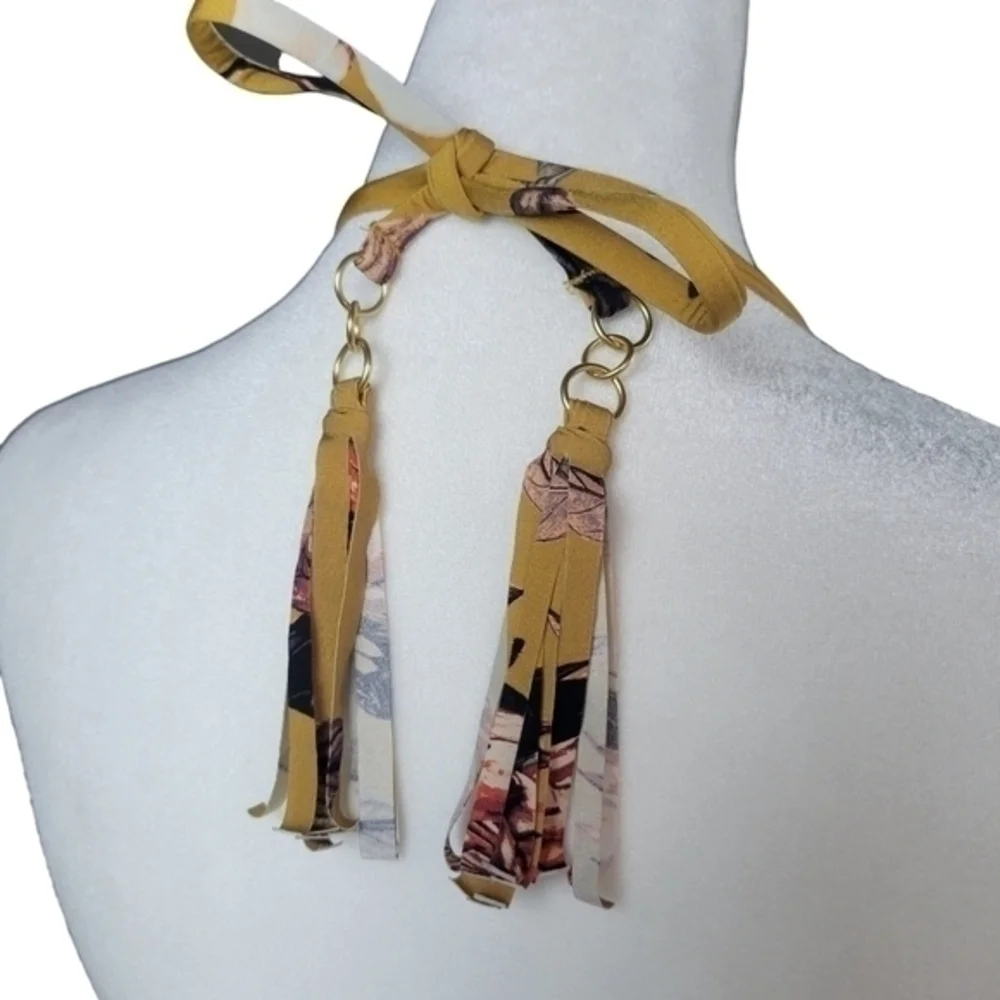 BCBG‎ MAXAZRIA Bikini Bra Top Size 2 Gold Strappy Halter Tri Tie Floral Swimsuit